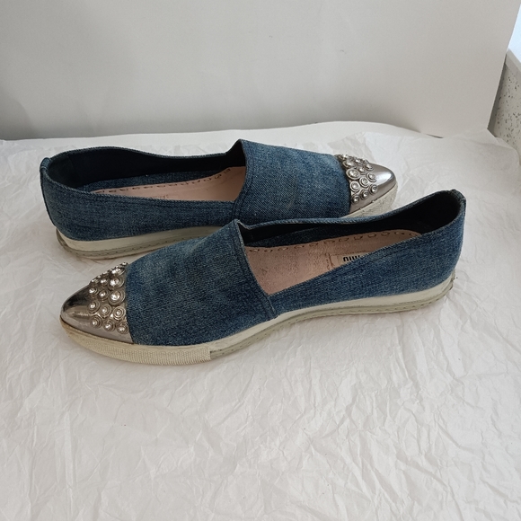 🆕 Miu Miu Denim Crystal Silver Platform Loafers size 10 - Picture 13 of 16